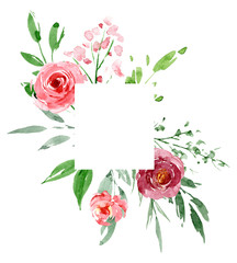 Greeting card template, watercolor flowers, floral frame with pink roses, illustration hand painting. Holiday decoration isolated on white background. 