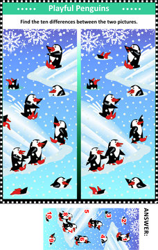 Winter, Christmas or New Year themed visual puzzle with happy playful penguins: Find the ten differences between the two pictures. Answer included.