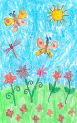 Child's drawing of summer - crayon colors, flowers, sun, butterflies, Earth Day