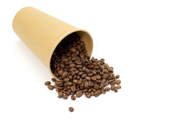 Coffee beans in a brown paper glass on a white background. Place for text.
