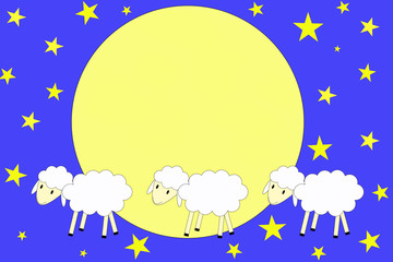Illustration. Three lambs walking behind each other with a full moon and night sky dotted with stars in the background.