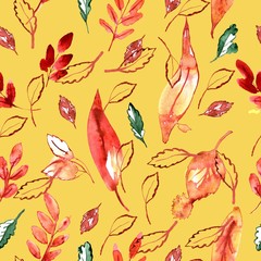 Watercolor hand painted seamless pattern with red and yellow autumn leaves
