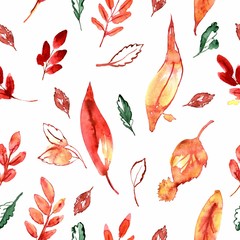 Watercolor hand painted seamless pattern with red and yellow autumn leaves