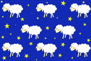 Illustrated seamless pattern. A flock of sheep walks in a night sky full of stars.