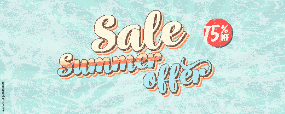 Wall mural Sale, summer offer. Pop art style, vintage banner about reduction of prices. Get up to 75 percent discount. Retro design of vector template. Grunge pattern and scuffs texture, old school style