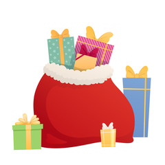 Full bag of gifts from Santa Claus. Christmas decorative element. Flat vector illustration