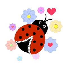 Ladybird in flower card. Illustration ladybug. Cute colorful sign red insect symbol spring, summer, garden. Template for t shirt, apparel, card, poster, etc. Design element Vector illustration.