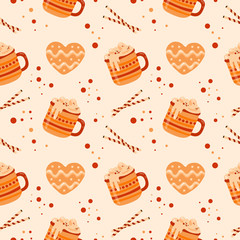 Seamless pattern with mugs of cacao and whipped cream, gingersnaps. Menu design, shop wrapping paper.