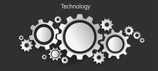 Working mechanism, mechanism of watch, system of industry, technology, abstract technology on black background with gear icons