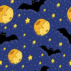 Cartoon colorful seamless festive pattern with bat, moon, decorative elements on a neutral background. vector. Halloween. 
