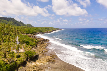 The rocky coast of a tropical island. Siargao, Philippines. Seascape with palm trees in sunny weather, aerial view.