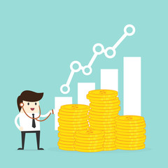 Financial health check. Businessman using stethoscope to check money coin health with graph