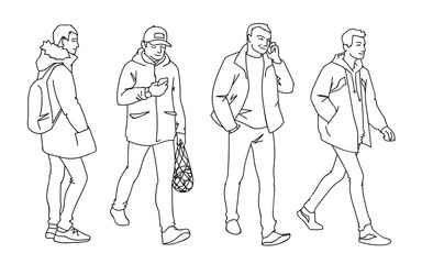 Set of young and adult men standing and walking. Monochrome vector illustration of men in different poses in simple line art style. Hand drawn sketch. Black lines isolated on white background.