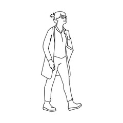 Adult woman in grasses and cardigan takes a walk. Concept. Vector illustration of walking woman with tote bag. White lines isolated on black background. Hand drawn sketch