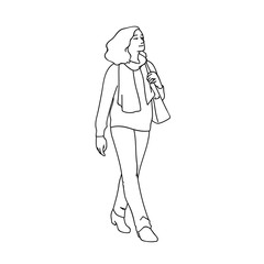Adult woman with curky hair taking a walk, looking far away. Concept. Vector illustration of woman in casual wear and scarf walking somewhere alone. Black lines isolated on white background