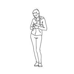 Smiling cute girl with phone. Side view. Monochrome vector illustration of sporty young woman looking in her smartphone, communicating online in simple line art style. Black lines on white background.