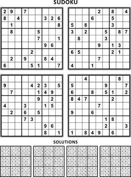 Four sudoku puzzles of comfortable (easy, yet not very easy) level, on A4 or Letter sized page with margins, suitable for large print books, answers included. Set 12.