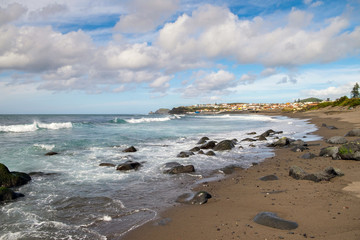 Beautiful background of the Atlantic Ocean and the villages on the shore of the island of San Miguel.