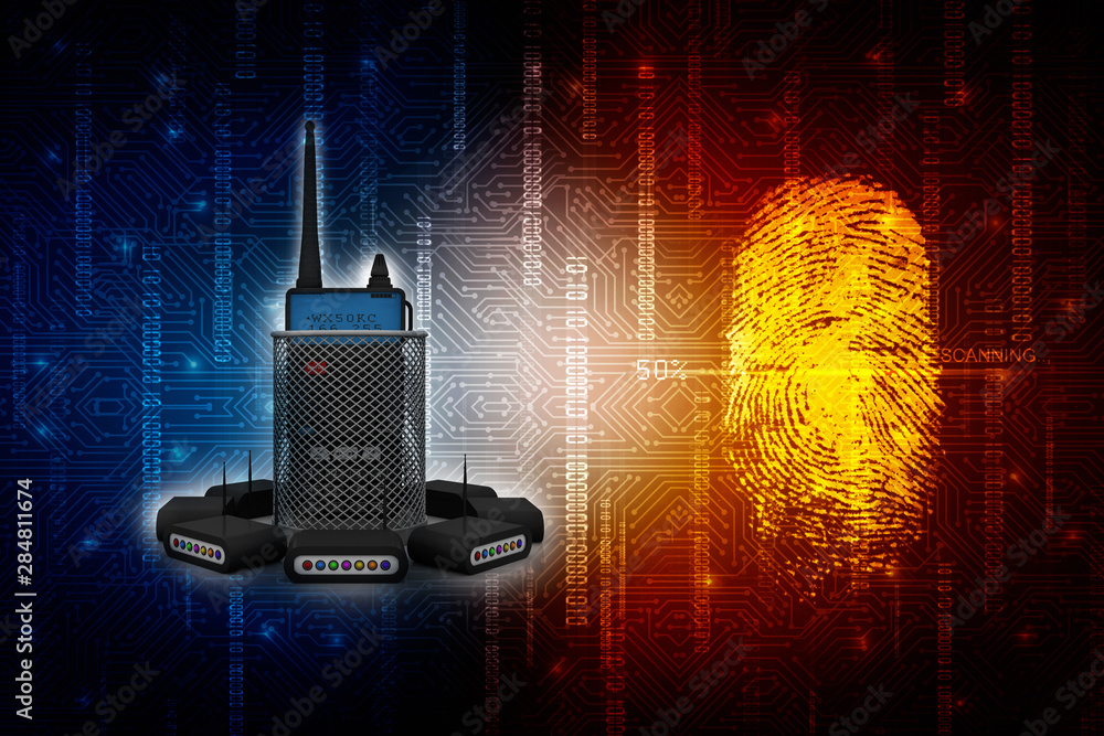 Poster 3d rendering latest radio transceivers in bin with wifi modem network