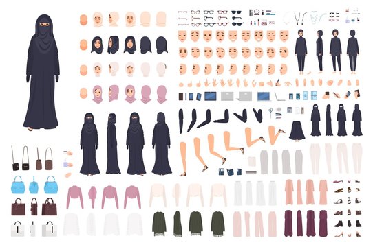 Young Arab woman in burqa constructor set or animation kit. Bundle of female character body parts, emotions, traditional Islamic clothes isolated on white background. Flat cartoon vector illustration.