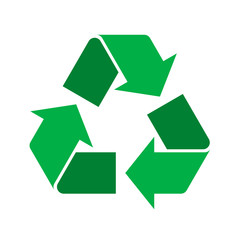 Green recycle sign, icon, symbol on white background. Triangular eco recycle logo. Arrows representing recycling materials. Sorting waste,ecological, concept. Vector illustration, flat style, clip art