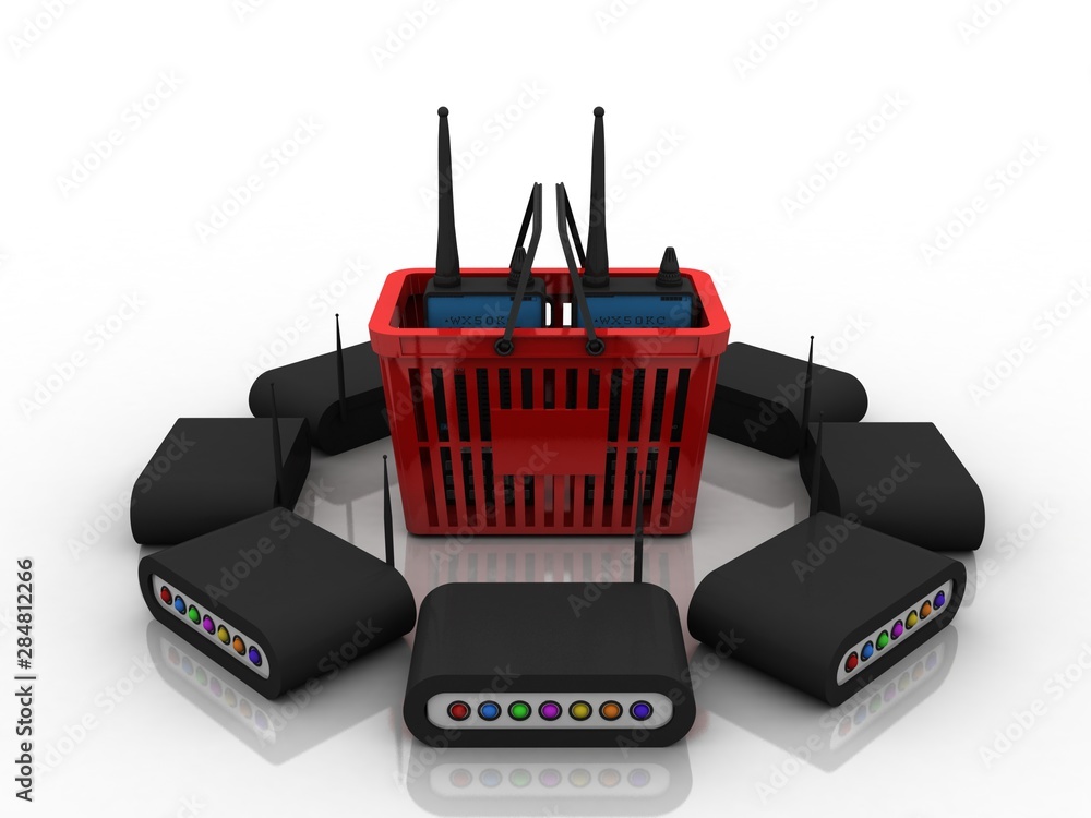 Poster 3d rendering latest radio transceivers in bin with wifi modem network