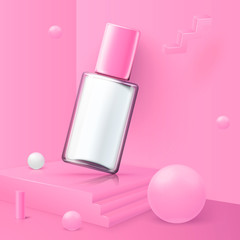 Vector 3d realistic corner wall abstract scene with podium and cosmetics bottle, pink and white balls.