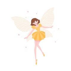 Cute funny fairy or flying elf in elegant dress with butterfly wings isolated on white background. Mythological creature, magical character from fairytales, legends. Flat cartoon vector illustration.