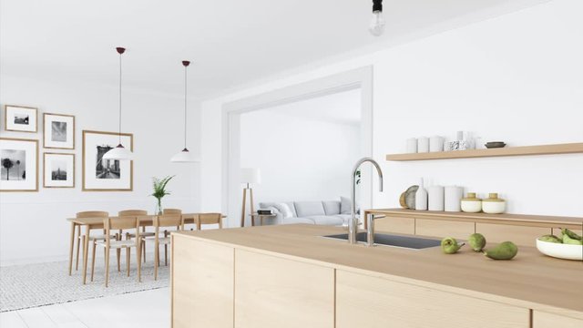 3D-Illustration. modern nordic kitchen in loft apartment.
