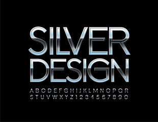Vector Silver Design Uppercase Font. Metallic elegant Font. Chrome reflective Letters and Numbers
