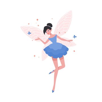 Gorgeous flying fairy or ballerina in elegant dress and with butterfly wings isolated on white background. Fairytale creature, magical character from folklore. Flat cartoon vector illustration.