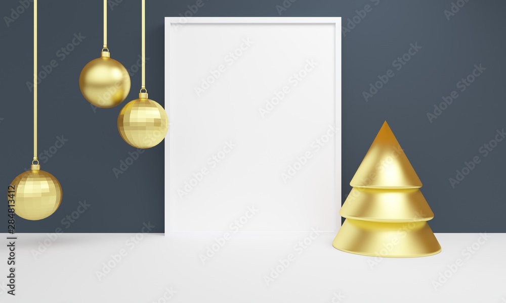 Poster christmas background with golden balls and frame. backdrop design for product promotion. 3d renderin
