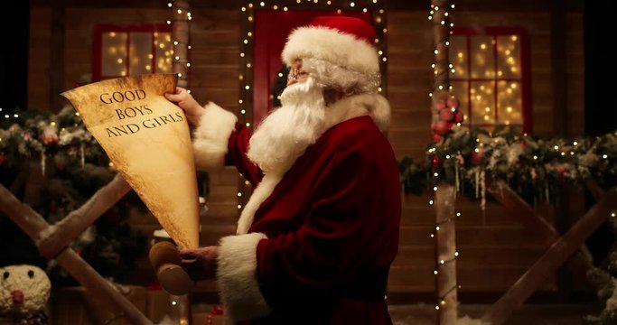 Santa Claus stands in the yard near his house and reads a invisible scroll with the names of good boys and girls and is laughing.