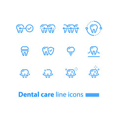Teeth braces, dental care, stomatology services, cleaning and whitening, implant and crown, protection concept, line icons