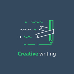 Storytelling concept, creative writing, pencil and ribbon, copywriting, linear icon