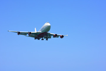 Airplane flying on blue sky background