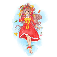 Cute girl deer in a wreath of autumn leaves, gerberas and mountain ash. Vector cartoon character. Background watercolor texture.