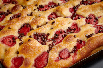 Sweet focaccia bread with strawberries and chocolate chips