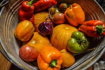 Closeup of Bright Multicolored organic Autumn Vegetables including pumpkins bell peppers heirloom tomatoes