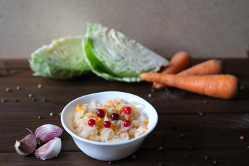 Pickled cabbage with carrot and .cranberry. Homemade preserving. Fermented food.