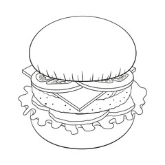 Burger with vegetables, cutlet, cheese, sauce and bun. Object for packaging, advertisements, menu. Isolated on white. Vector illustration. Black and white.