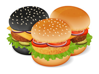 Delicious burgers. Cheeseburger, black burger, chickenburger. Object for packaging, advertisements, menu. Isolated on white. Vector illustration. Cartoon.