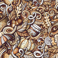 Cartoon hand-drawn doodles on the subject of Autumn theme seamless pattern