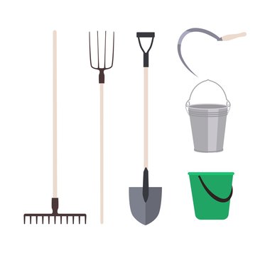 Collection of garden tools or agricultural implements isolated on white background - rake, pitchfork shovel, buckets, sickle. Set of equipment for harvest gathering. Flat cartoon vector illustration.