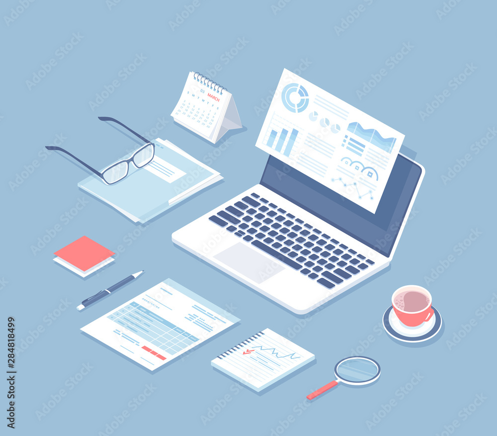 Poster data analysis, analytics, audit, reporting concept. web and mobile service. charts, graphs on the la