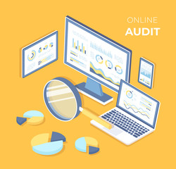 Online audit, analysis, research, report, analytics, concept. Web and mobile service. Charts graphs on screens of laptop, monitor, phone, tablet with magnifying glass. Isometric 3d vector illustration