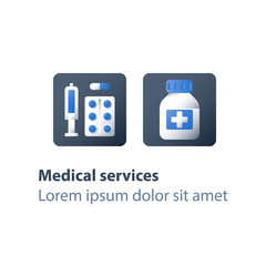 Fototapeta premium Preventive vaccination, pharmacy and medicine, medical drugs, antibiotics capsule, painkiller pills, medication therapy