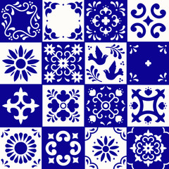 Mexican talavera pattern. Ceramic tiles with flower, leaves and bird ornaments in traditional style from Puebla. Mexico floral mosaic in navy blue and white. Folk art design. - 284819477