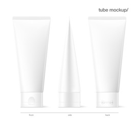 Blank plastic tube for cosmetics.  Front, back and side view. Vector illustration isolated on white background. Can be use for your design, advertising, promo and etc. EPS10. 