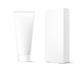 Blank plastic tube for cosmetics with cardboard box mockup.  Front view. Vector illustration isolated on background. Can be use for your design, advertising, promo and etc. EPS10. 